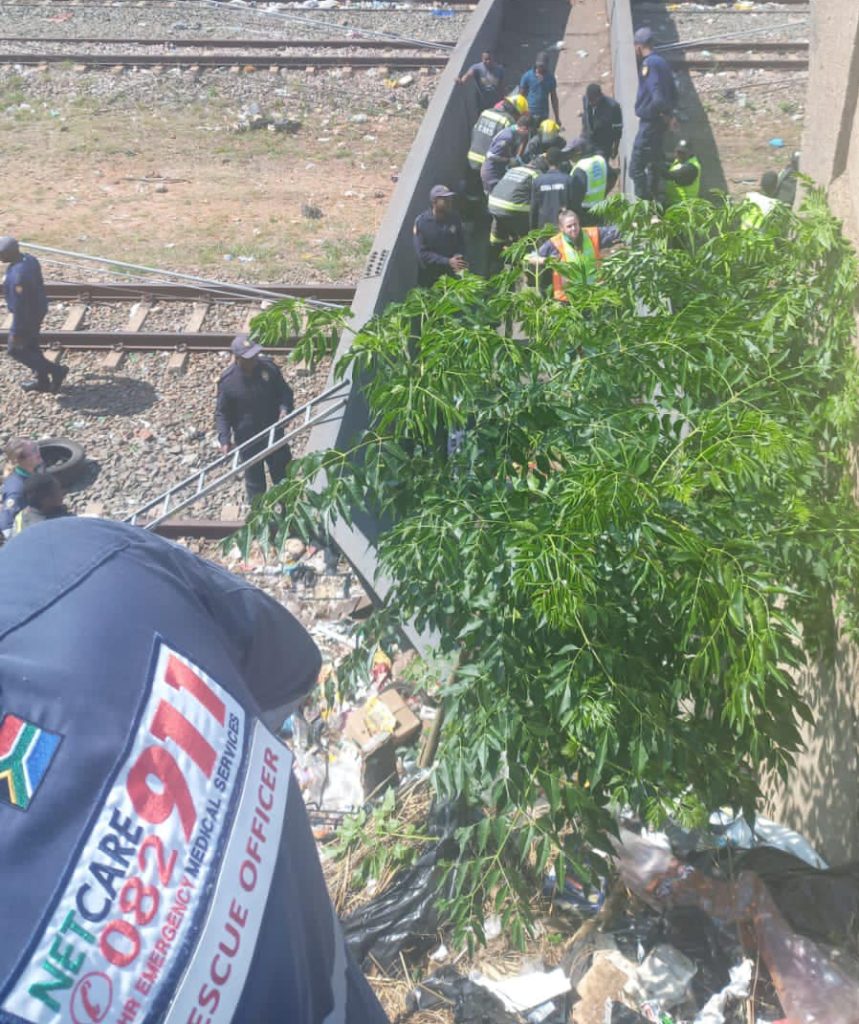 Two pedestrians are injured following a footbridge collapse over the railroad tracks on John Page Drive between Hanau and Browning Streets in Jeppestown on Wednesday.